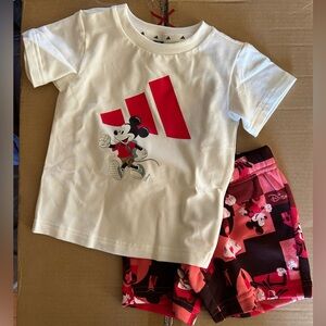 Adidas White and Red Mickey Mouse Tee and Shorts